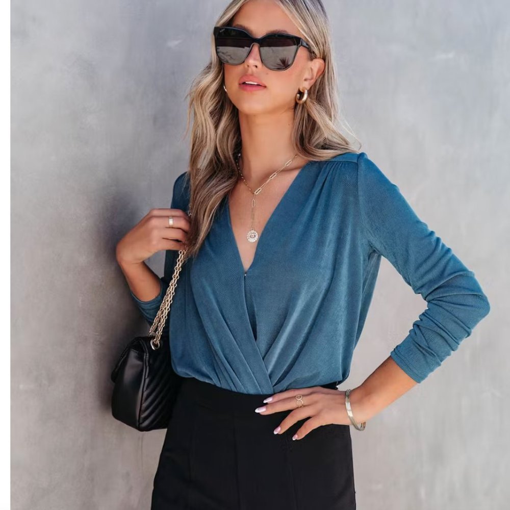 VICI Teal Long Sleeve Drape Wrap Bodysuit